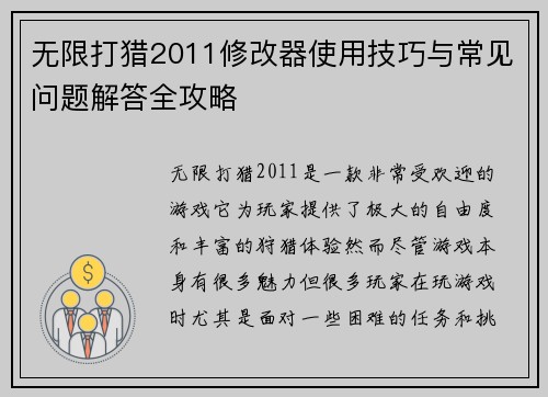 无限打猎2011修改器使用技巧与常见问题解答全攻略